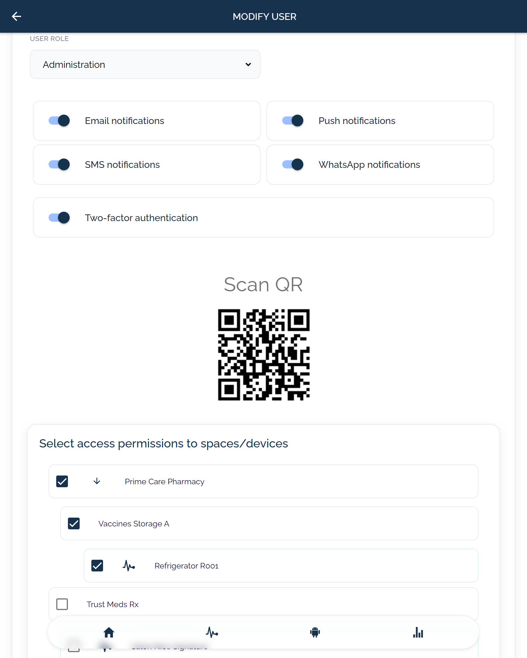 KRYOS modify user screen with role selection, email, push, SMS and WhatsApp notification settings, two-factor authentication, and scoped access to spaces and devices.